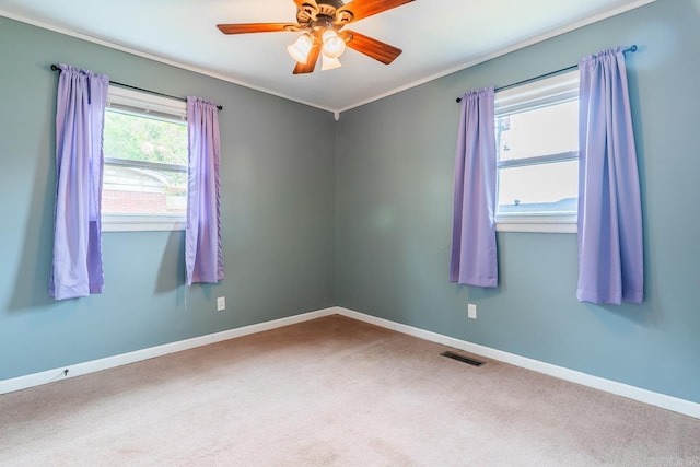 spare room with ceiling fan, carpet flooring, and ornamental molding