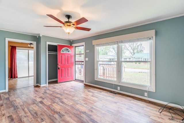 entrance foyer with ceiling fan, wood-type flooring, and crown molding