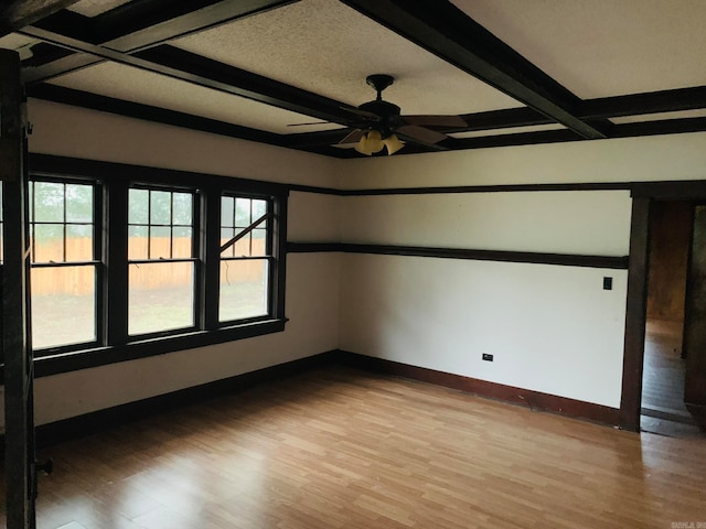 unfurnished room with hardwood / wood-style flooring, ceiling fan, and beam ceiling