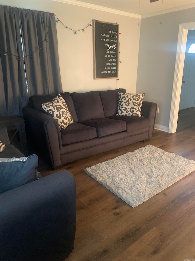 living room featuring crown molding and dark hardwood / wood-style floors