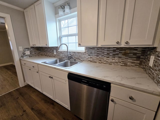 kitchen featuring sink, dark hardwood / wood-style floors, dishwasher, decorative backsplash, and white cabinets