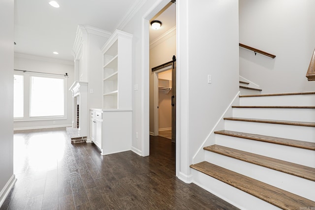 stairs featuring hardwood / wood-style floors, a barn door, and crown molding