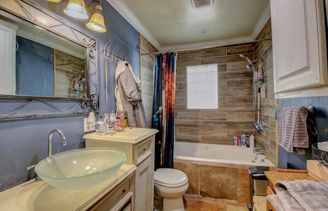 full bathroom featuring toilet, vanity, shower / bath combination with curtain, and crown molding