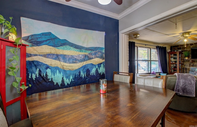 dining area with hardwood / wood-style flooring, ceiling fan, and crown molding