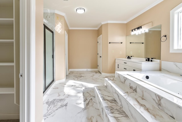 bathroom featuring vanity, separate shower and tub, and ornamental molding