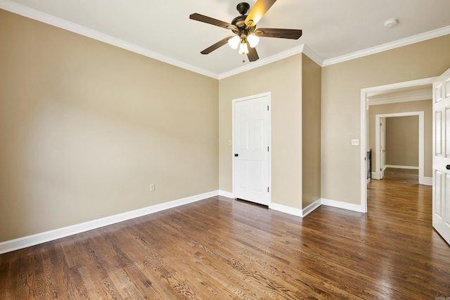 unfurnished bedroom with ceiling fan, crown molding, and dark hardwood / wood-style flooring