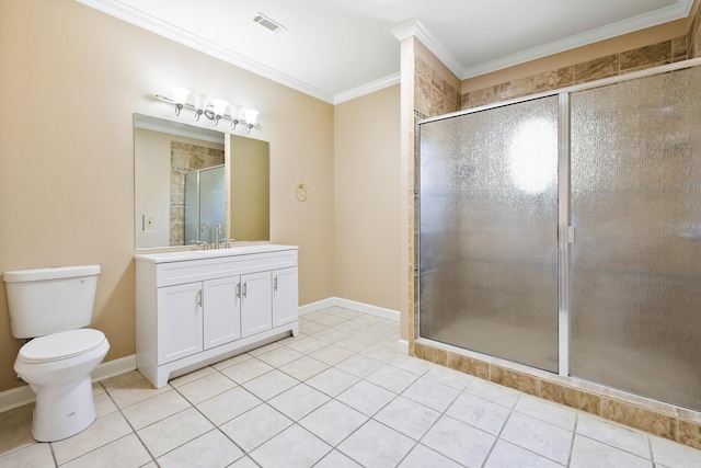 bathroom with toilet, tile patterned flooring, an enclosed shower, and crown molding