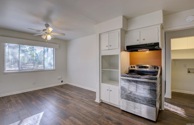 kitchen featuring dark wood-type flooring, stainless steel electric range oven, ceiling fan, and white cabinets