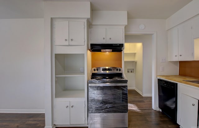 kitchen featuring black dishwasher, white cabinetry, dark wood-type flooring, and stainless steel range with electric cooktop