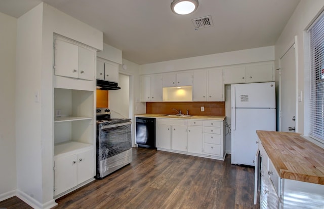 kitchen featuring stainless steel stove, white cabinets, dishwasher, and white fridge