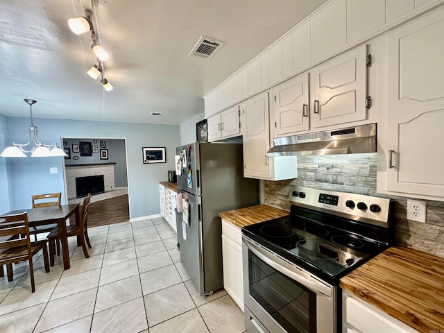 kitchen with stainless steel appliances, white cabinets, decorative light fixtures, and backsplash