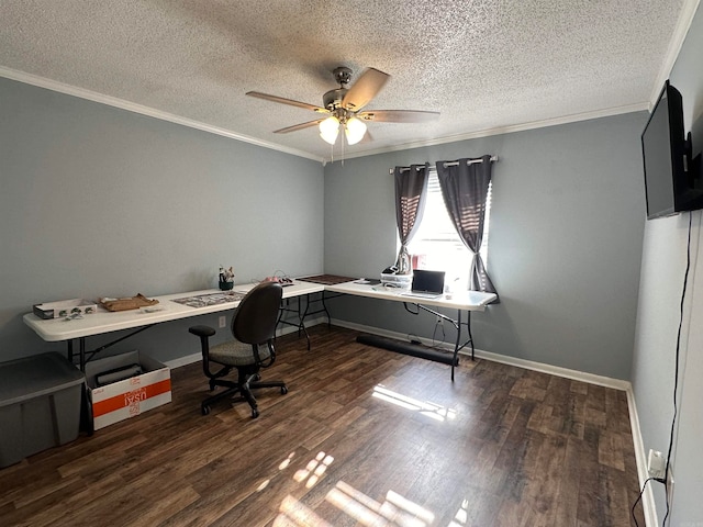 office space with dark wood-type flooring, a textured ceiling, ceiling fan, and crown molding