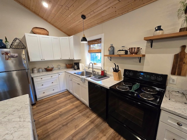 kitchen with sink, white cabinetry, wooden ceiling, and black appliances