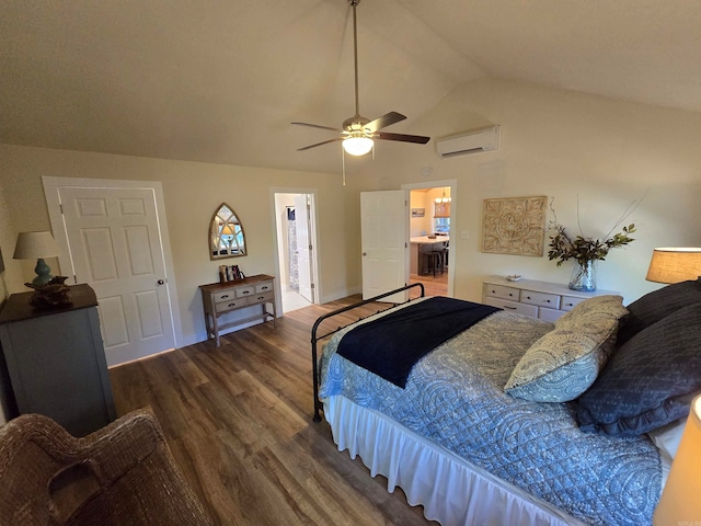 bedroom featuring ensuite bath, ceiling fan, a wall mounted air conditioner, vaulted ceiling, and hardwood / wood-style flooring