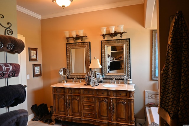 bathroom with vanity, tile patterned floors, and crown molding