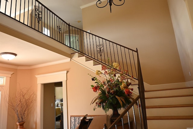 stairs featuring a high ceiling and ornamental molding