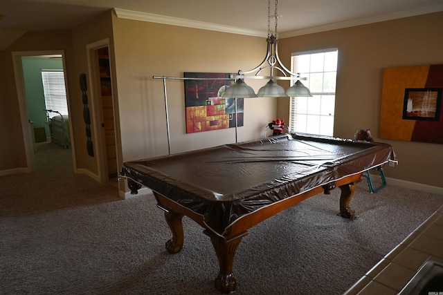 recreation room featuring pool table, carpet floors, and ornamental molding