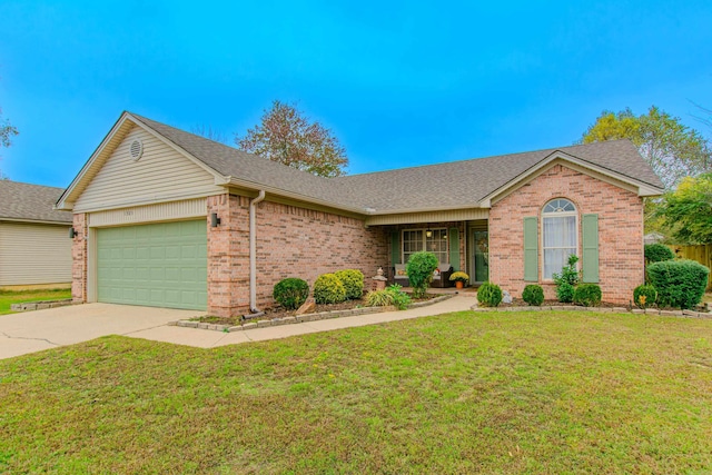 ranch-style house with a garage and a front yard