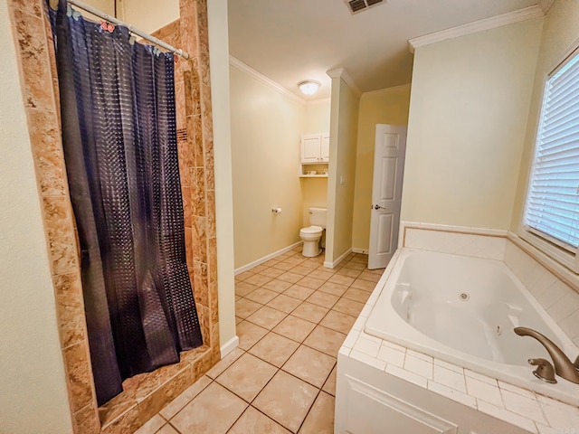 bathroom with toilet, tile patterned floors, crown molding, and independent shower and bath