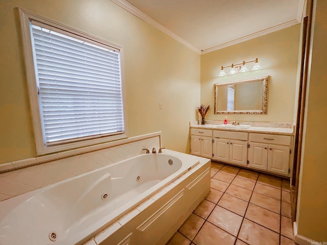 bathroom with ornamental molding, tile patterned flooring, vanity, and a tub to relax in