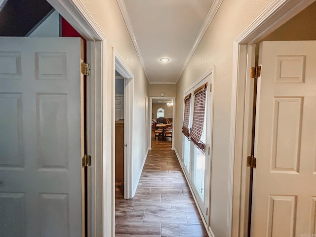 corridor with light hardwood / wood-style flooring and crown molding