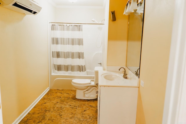 full bathroom with a wall unit AC, toilet, vanity, crown molding, and shower / bathtub combination with curtain