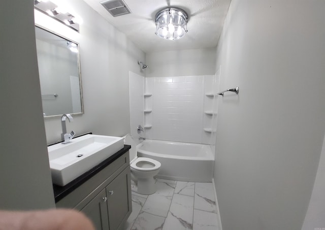 full bathroom with toilet, vanity, and bathing tub / shower combination