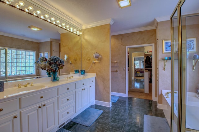 bathroom with vanity, tile patterned floors, separate shower and tub, and ornamental molding