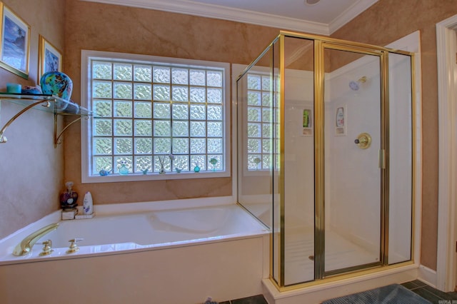 bathroom featuring plus walk in shower and crown molding