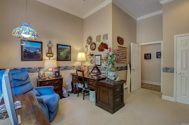 home office featuring light colored carpet, a high ceiling, and crown molding