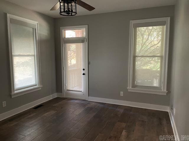 foyer featuring dark hardwood / wood-style flooring, a wealth of natural light, and ceiling fan