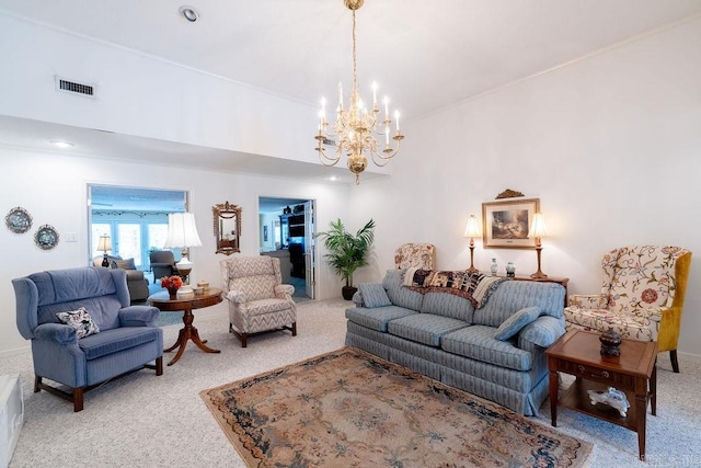 living room with carpet flooring and a chandelier