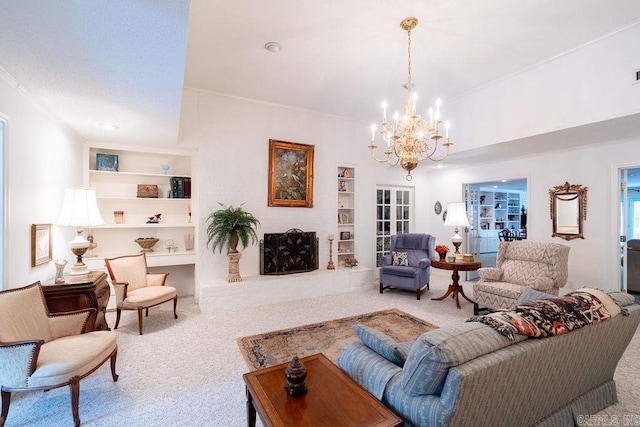 carpeted living room with built in features and a notable chandelier