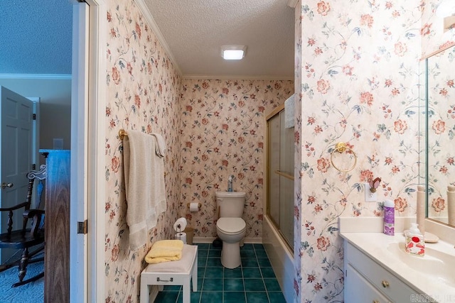 full bathroom featuring toilet, tile patterned flooring, a textured ceiling, and ornamental molding