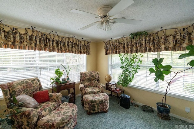 living area with ceiling fan, carpet, a healthy amount of sunlight, and a textured ceiling