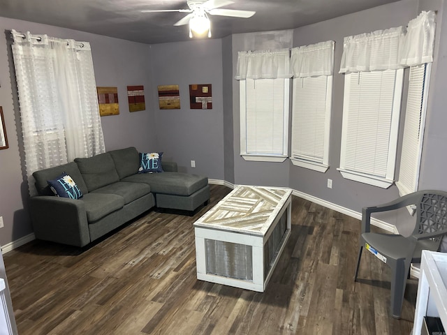 living room with ceiling fan and dark hardwood / wood-style floors