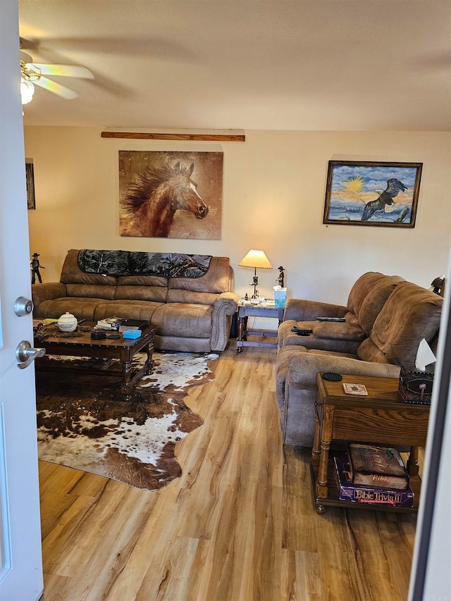 living room with hardwood / wood-style floors and ceiling fan