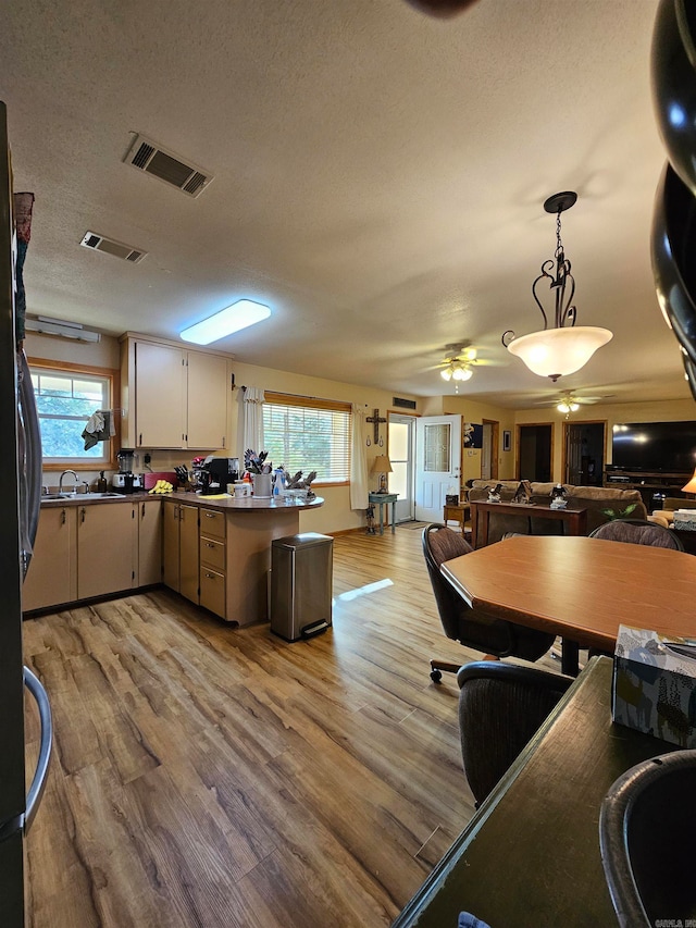 kitchen with ceiling fan, a wealth of natural light, a textured ceiling, and light hardwood / wood-style floors