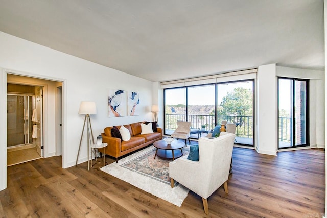 living area featuring a wall of windows, wood finished floors, and baseboards