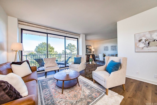 living area featuring baseboards, hardwood / wood-style floors, and floor to ceiling windows