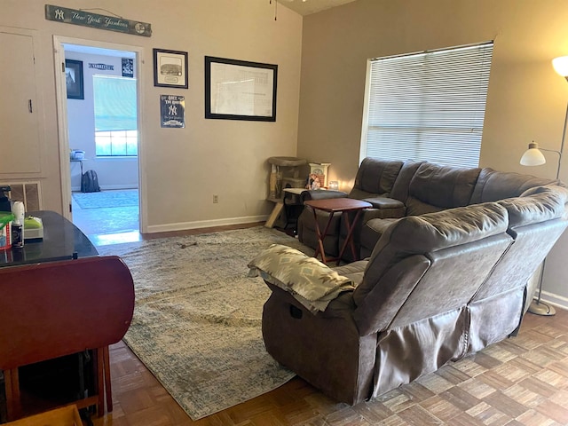 living room featuring light parquet floors