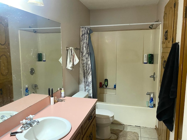 full bathroom with vanity, tile patterned floors, shower / bath combo, and toilet