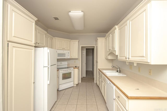 kitchen with white appliances, sink, light tile patterned flooring, and ornamental molding