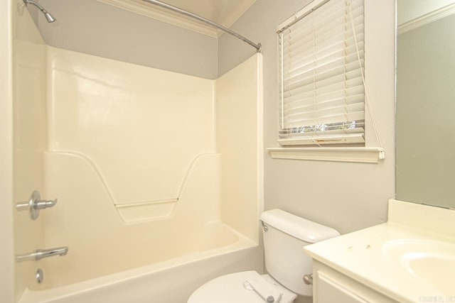 full bathroom with toilet, shower / tub combination, vanity, and crown molding