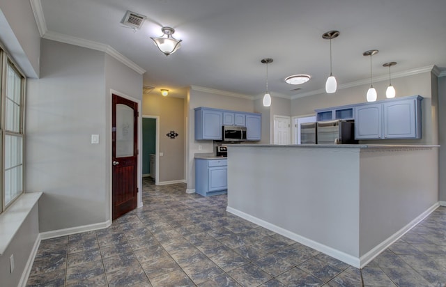 kitchen with kitchen peninsula, hanging light fixtures, blue cabinetry, ornamental molding, and appliances with stainless steel finishes