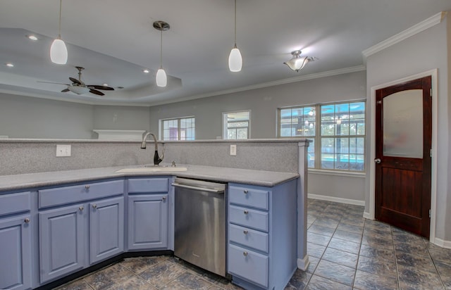 kitchen featuring crown molding, hanging light fixtures, sink, stainless steel dishwasher, and ceiling fan