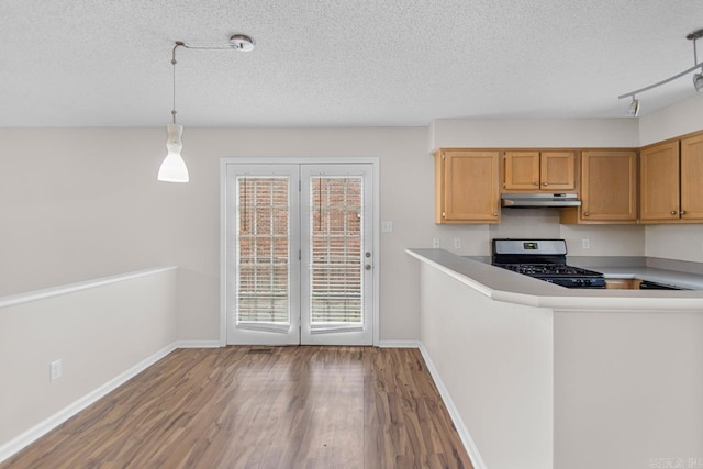 kitchen with black gas range oven, rail lighting, a textured ceiling, hardwood / wood-style floors, and pendant lighting