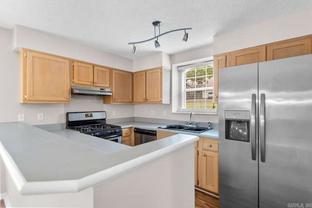 kitchen featuring wood-type flooring, appliances with stainless steel finishes, a textured ceiling, sink, and kitchen peninsula