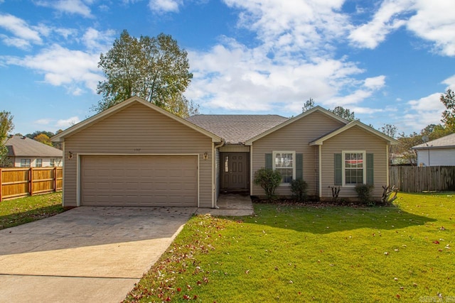 ranch-style house with a garage and a front yard