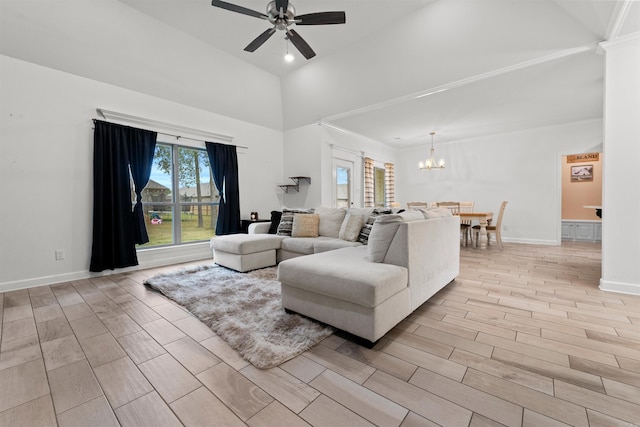 living room with light wood-type flooring and ceiling fan with notable chandelier